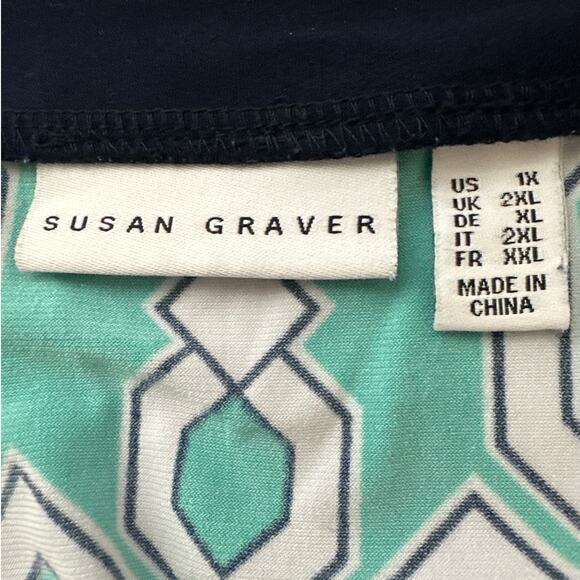 Susan Graver Liquid Knit Geometric Open Cardigan Sz 1X Teal Green Black Stretch - Picture 7 of 8